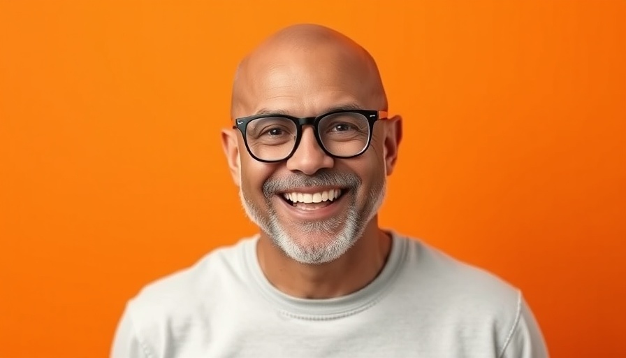 Smiling bald man on orange background; abundance mindset for entrepreneurs.