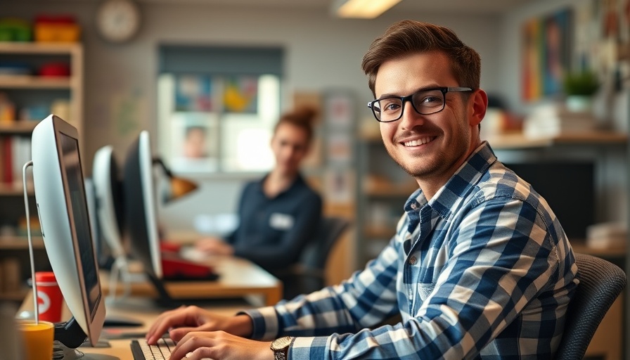 Casually dressed man in a modern office setting, smiling at desk.