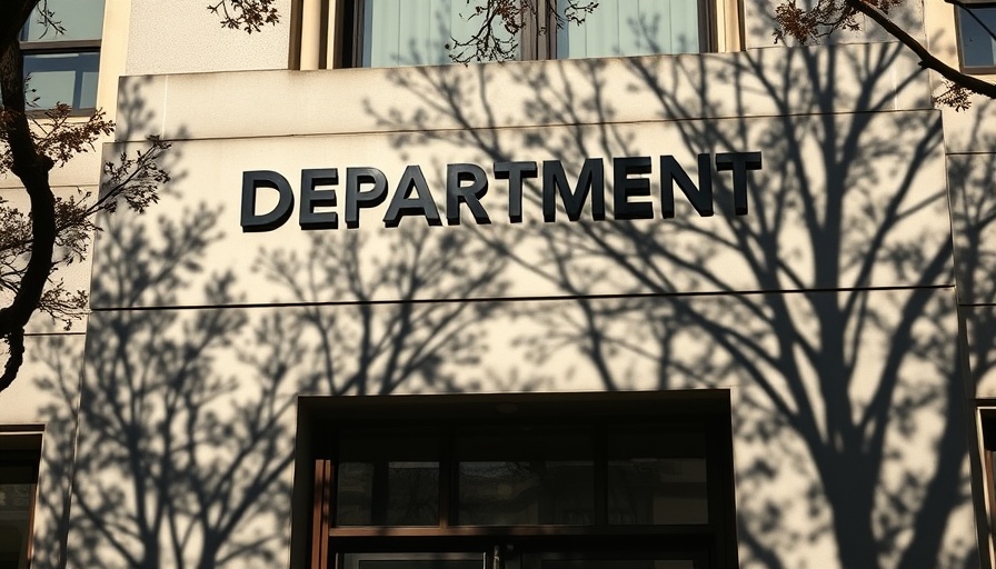 Government building facade with tree shadows, highlighting structure