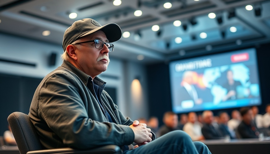 Middle-aged man at conference, discussing AI in business growth.