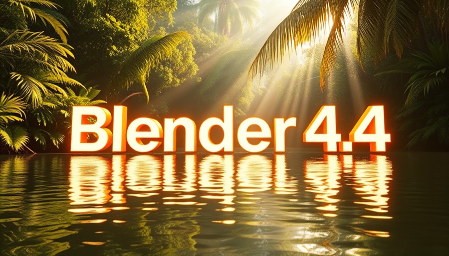 Glowing Blender 4.4 text in a lush jungle setting.