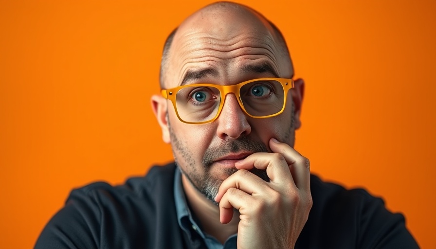 Thoughtful man in yellow glasses on orange background, forward motion in entrepreneurship.