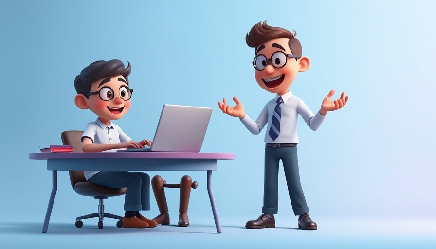 Cartoon characters discussing a topic at a desk with laptop, FQDN context.