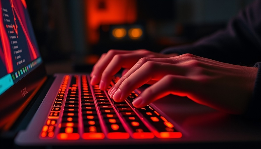 Hands typing on gaming laptop keyboard in dim lighting