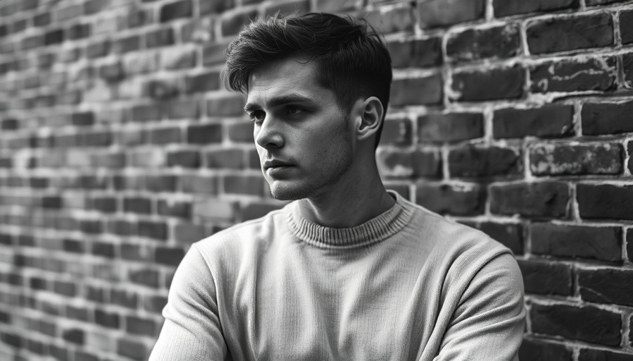 Brooding male in light sweater by brick wall, AI Tools for Entrepreneurs concept.