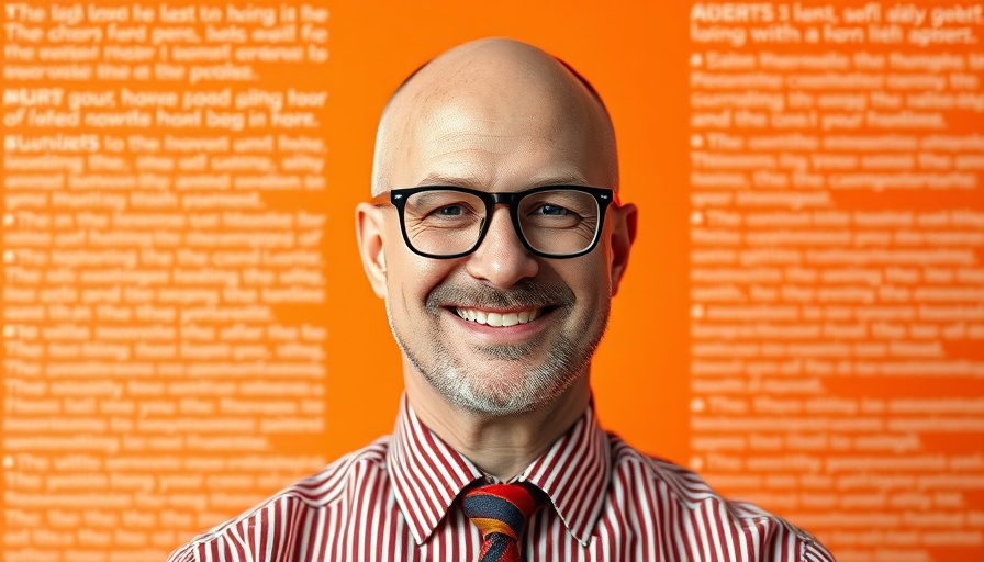 Bald man smiling with business theme and logo on orange.