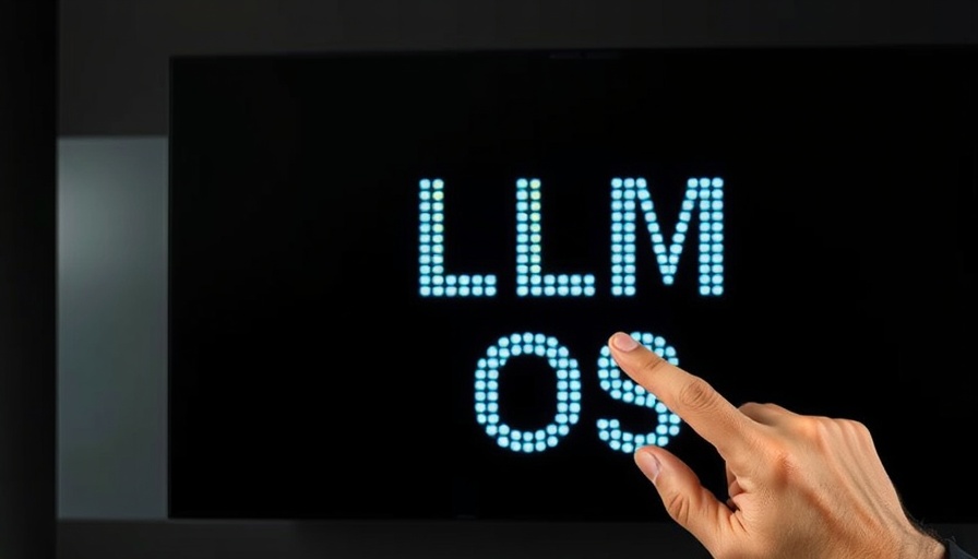 LLM OS lettering with a man pointing confidently, tech focus.