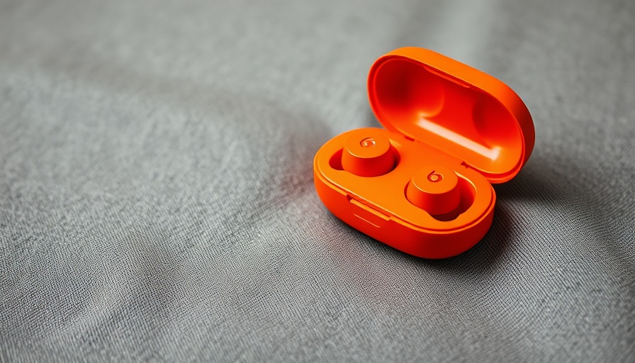 Bright orange Beats Powerbeats Pro 2 earbuds in open case on gray fabric.