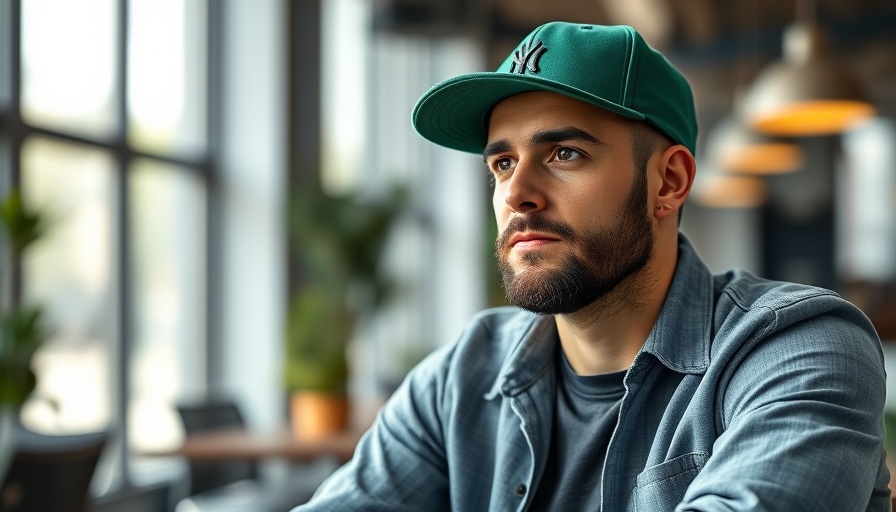 Thoughtful entrepreneur wearing a green cap indoors, AI for entrepreneurs concept.