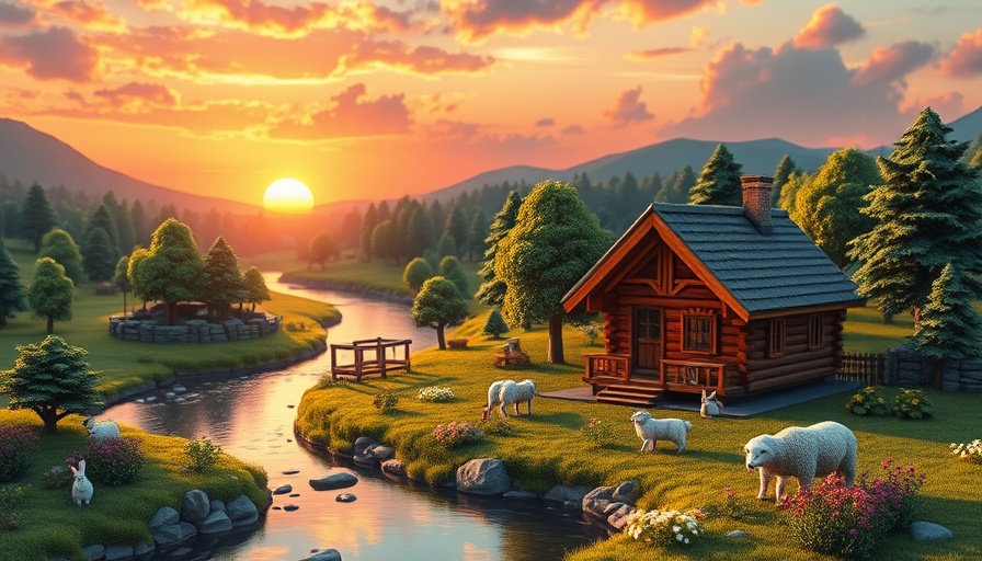 Voxel landscape with cabin and river at sunset, Minecraft VR support ending