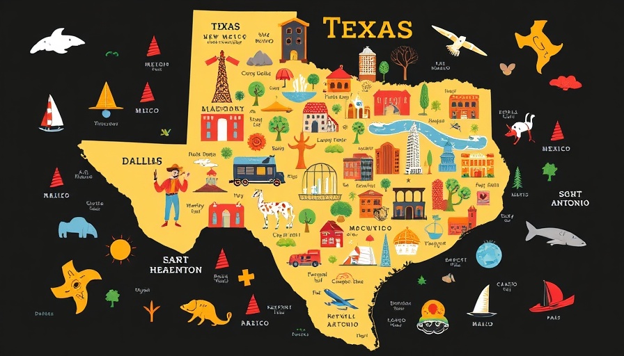 Colorful illustrated map for starting an LLC in Texas, highlighting cities and culture.