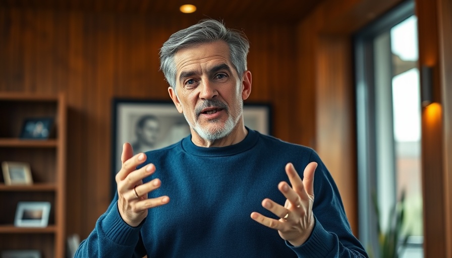 Mature man discussing home design in a wood-paneled interior.