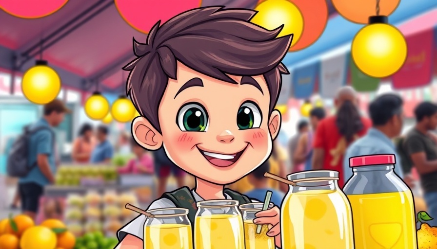 Young entrepreneur selling lemonade cartoon, showcasing business growth.