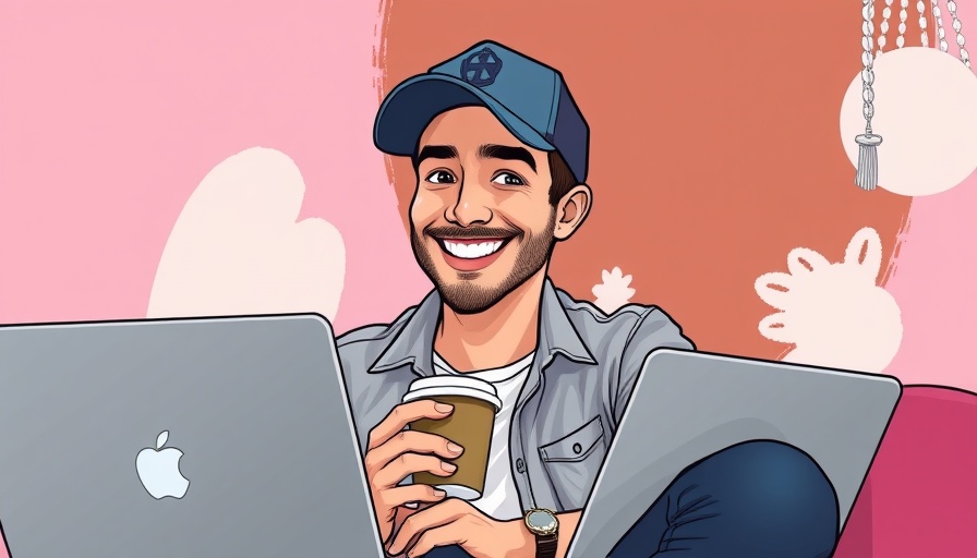 Casual man with coffee and laptop, vibrant cartoon style.