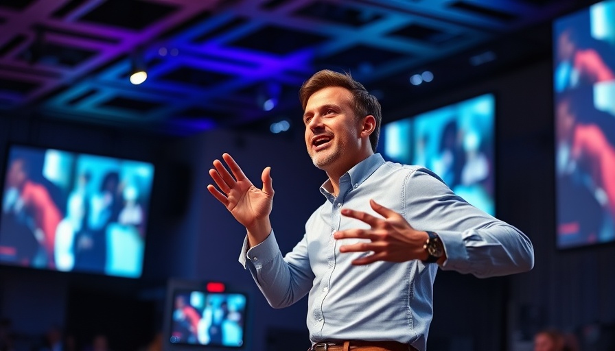Energetic speaker presenting on modern stage at conference.
