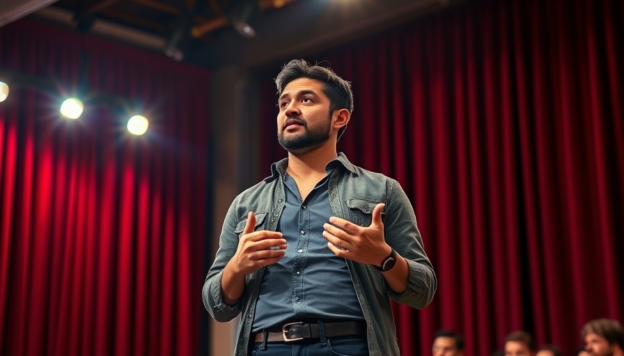 Speaker discussing AI in digital marketing on stage with dramatic lighting.