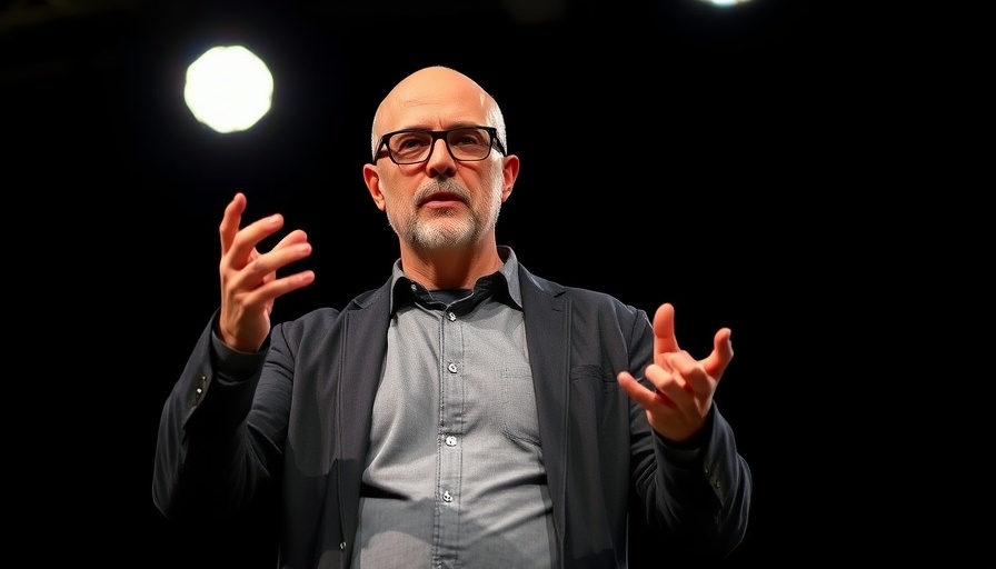 Speaker gesturing passionately on stage with vivid background.
