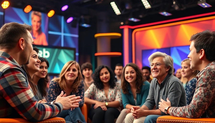 Discussing AI in business growth on a vibrant talk show.