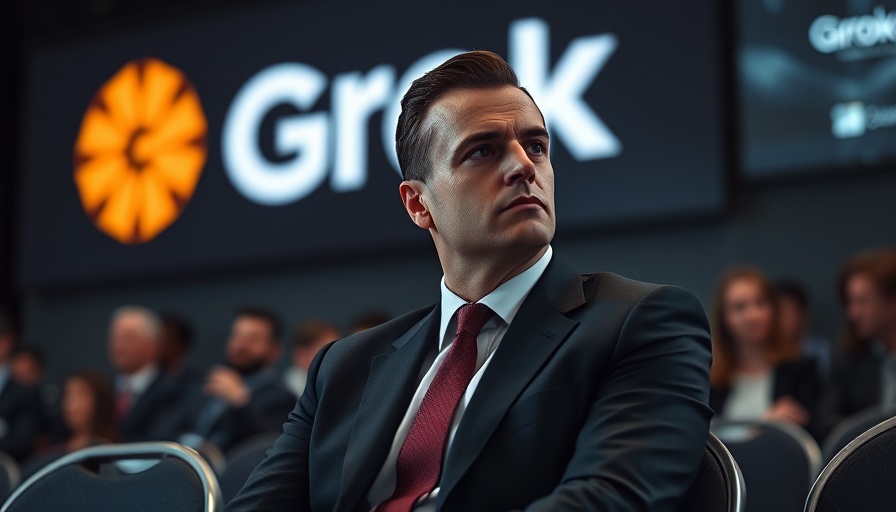 Grok AI event with man seated, corporate setting.