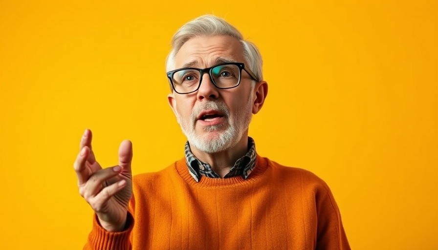 Scarcity and Abundance in Business: Man gesturing energetically against yellow background.