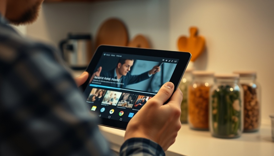 Person using a budget Android tablet for streaming in kitchen setting.