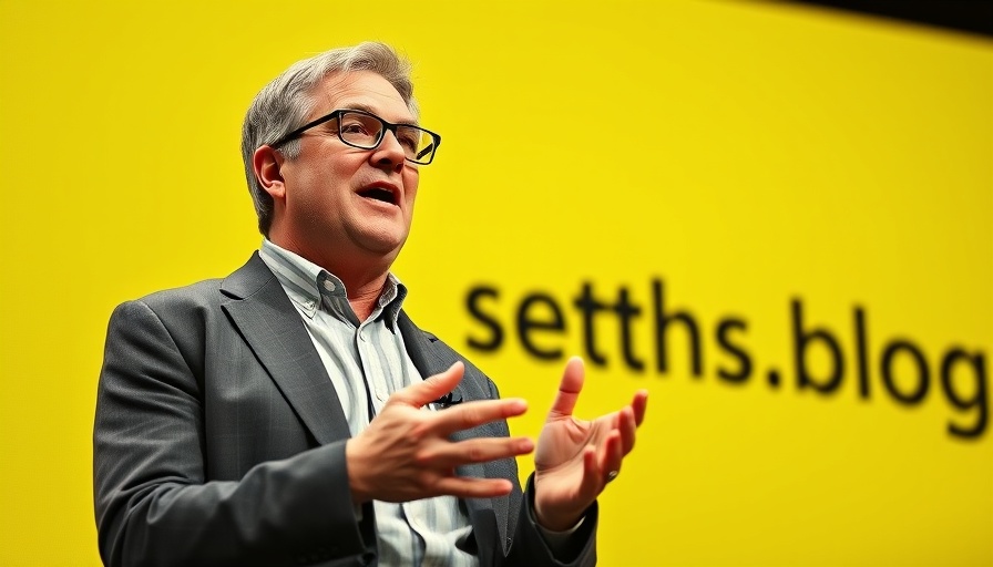 Middle-aged man passionately speaking with 'seths.blog' text on yellow background.