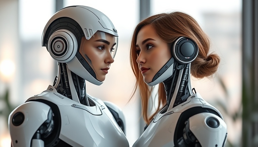 Elegant young woman beside a robot in a modern setting