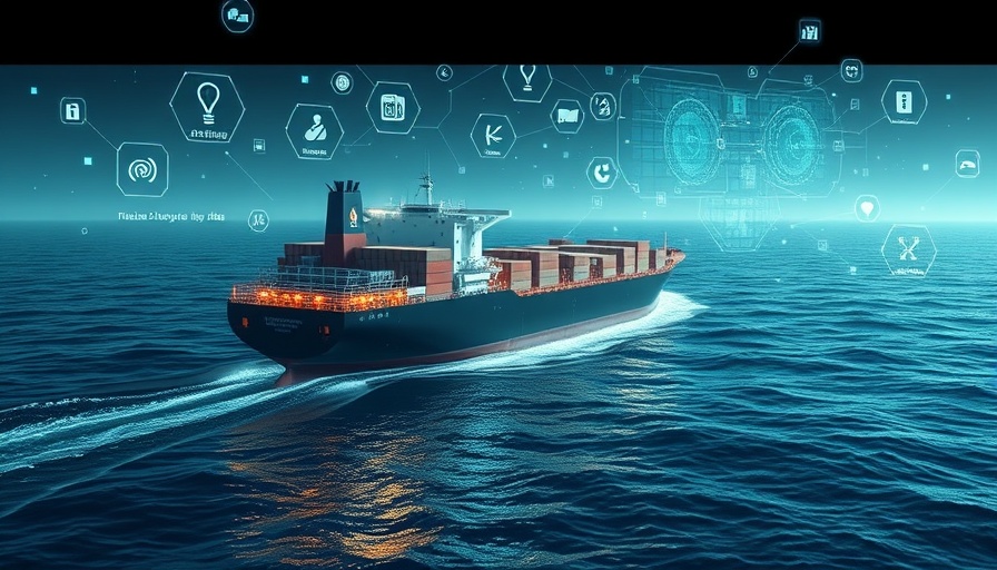 Futuristic ship with AI data visualizations on ocean