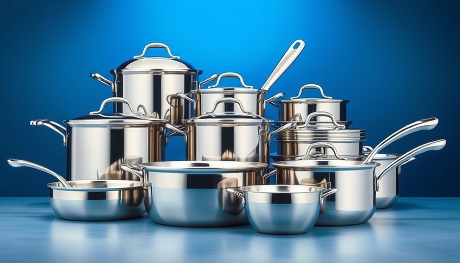 Shiny stainless steel cookware set on blue background.