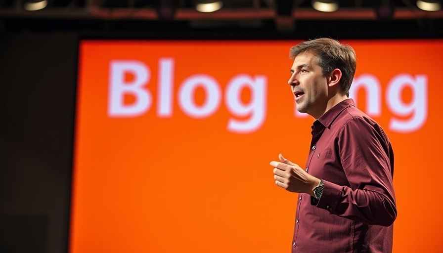 Dynamic speaker presenting on teamwork success at a blog event.