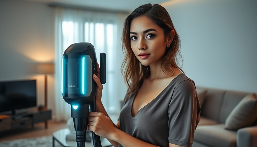 Elegant woman using futuristic vacuum in minimalist room, best new tech gadgets 2025.
