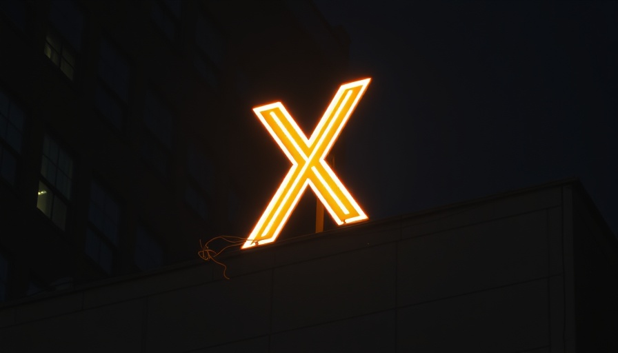 Neon X sign glowing on urban building at night, related to X data center outage.