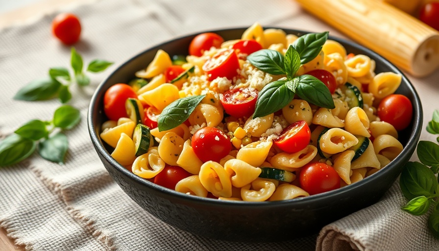Colorful pasta salad in rustic pan, perfect for Memorial Day entertaining.