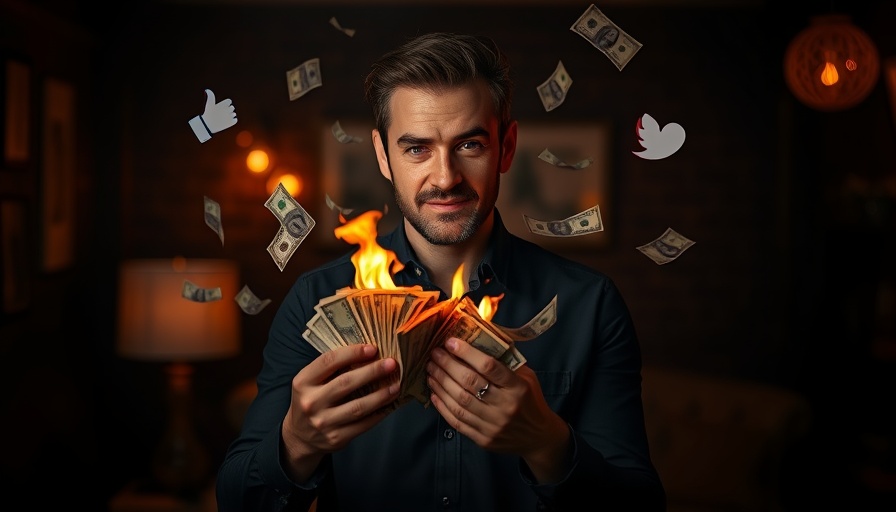 Man holding burning money with social media icons and dollar bills around, hiring digital marketers effectively.