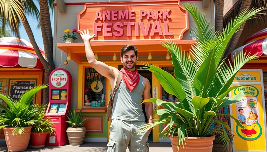 Enthusiastic person at Epic Universe opening, posing by Funky's shop.