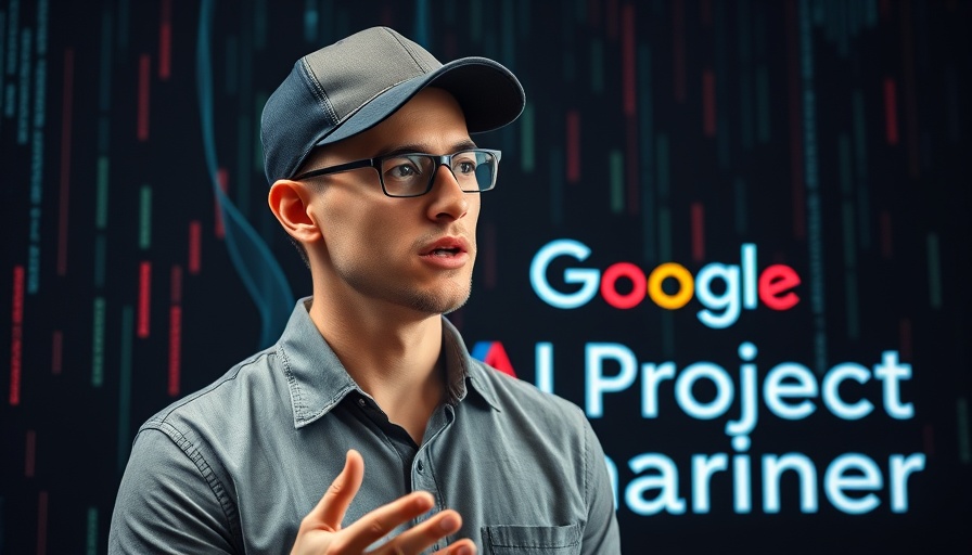 Man discussing Google AI Agent Project Mariner, digital graphic.