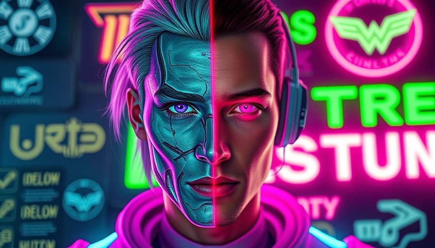 Futuristic character split face with AI Weather Effects Technology theme.