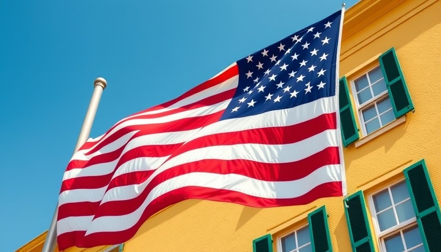 American flag waving near a vibrant yellow building in Florida.