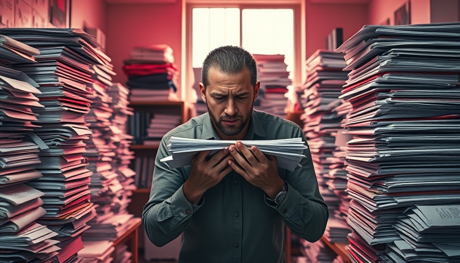 Stressed man amid paperwork, 5-Minute Mental Reset for Burnout.