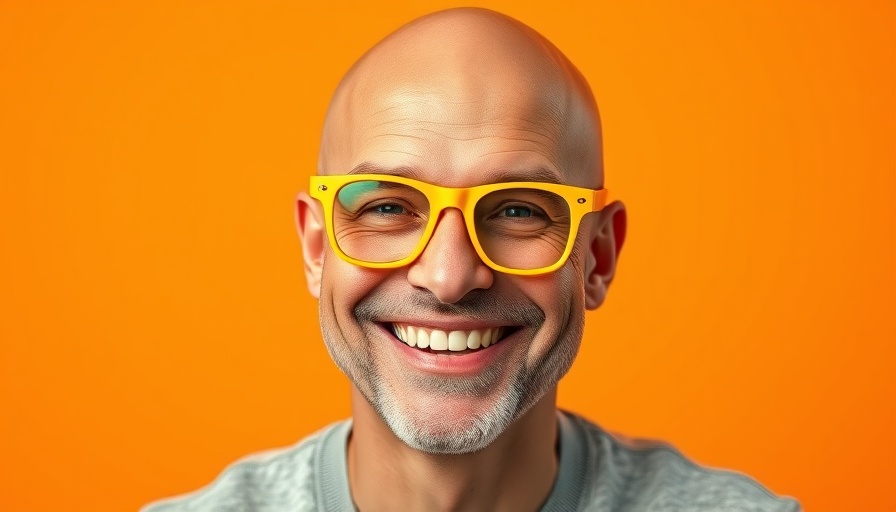 Cheerful man in yellow glasses, orange background, AI hallucinations and human work.