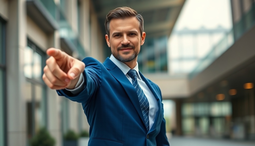 Confident businessman in a blue suit pointing forward outdoors.