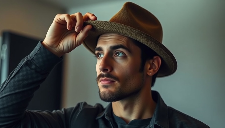 Casual man adjusting hat indoors, thoughtful expression.