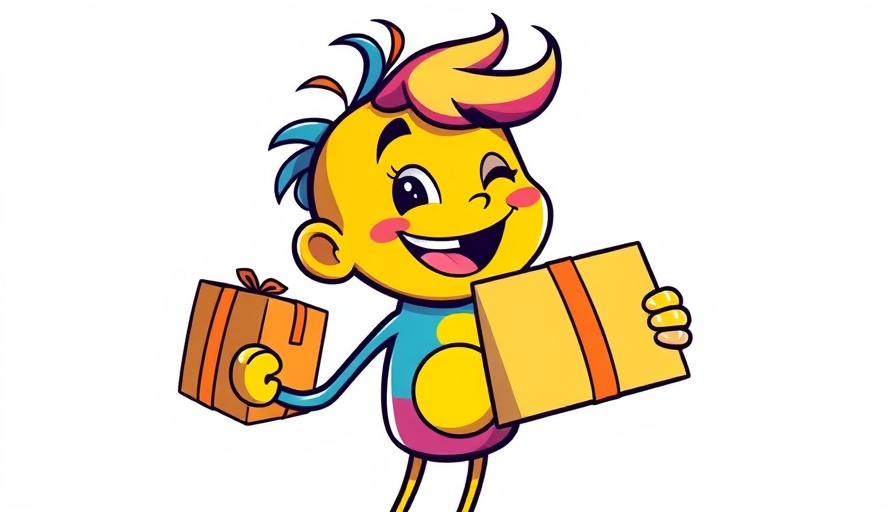 Colorful cartoon character managing packages, illustrating product catalog management in e-commerce.