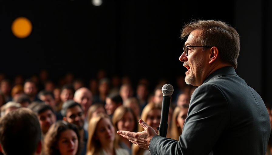Animated business presentation speaker sharing insights.