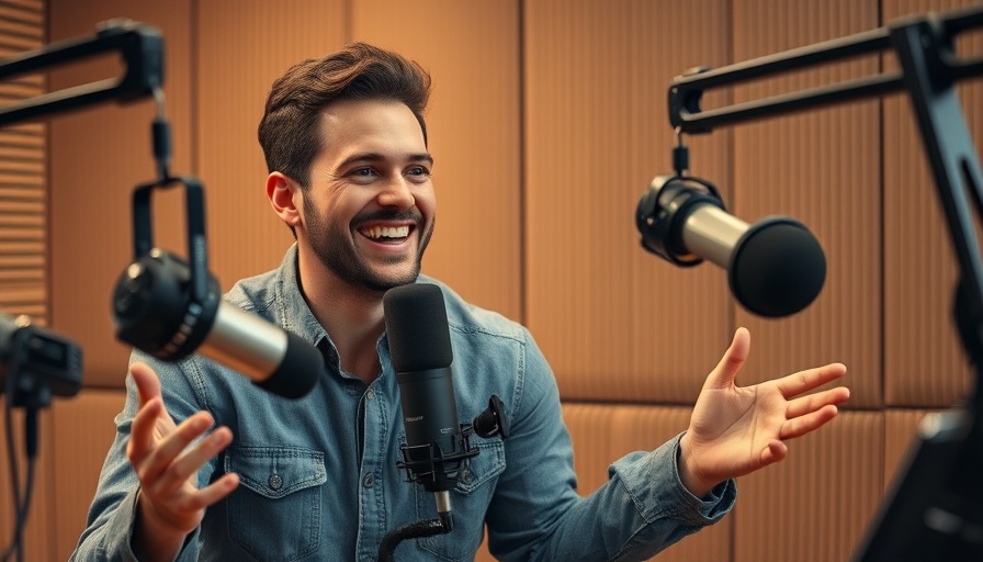 Man gesturing in podcast studio discussing business growth