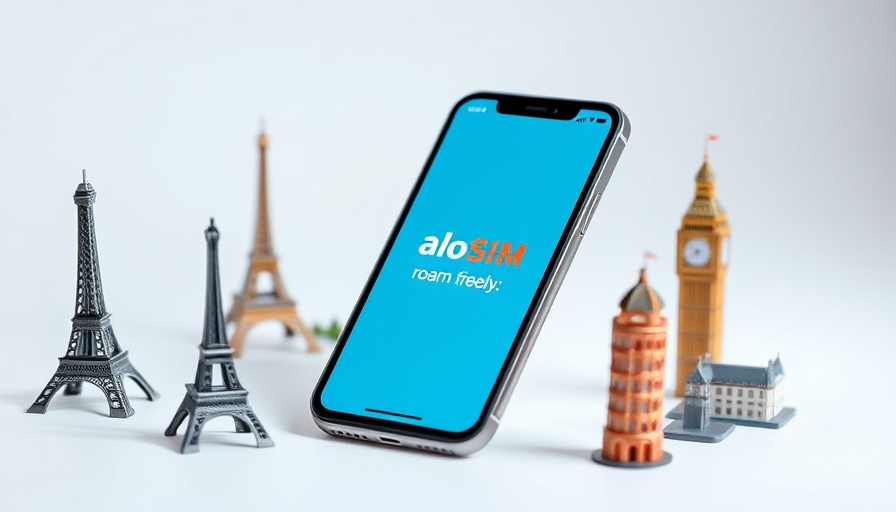 Modern smartphone displaying aloSIM mobile data plan app with global landmarks.