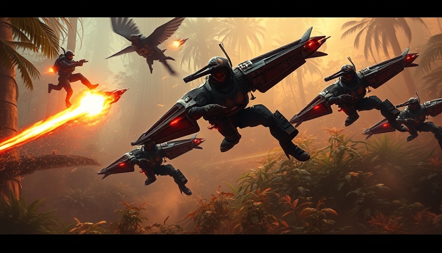 Futuristic fighters in action-packed jungle battle.