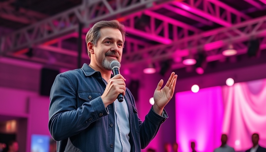 AI for entrepreneurs: Engaging speaker on stage with vibrant backdrop.