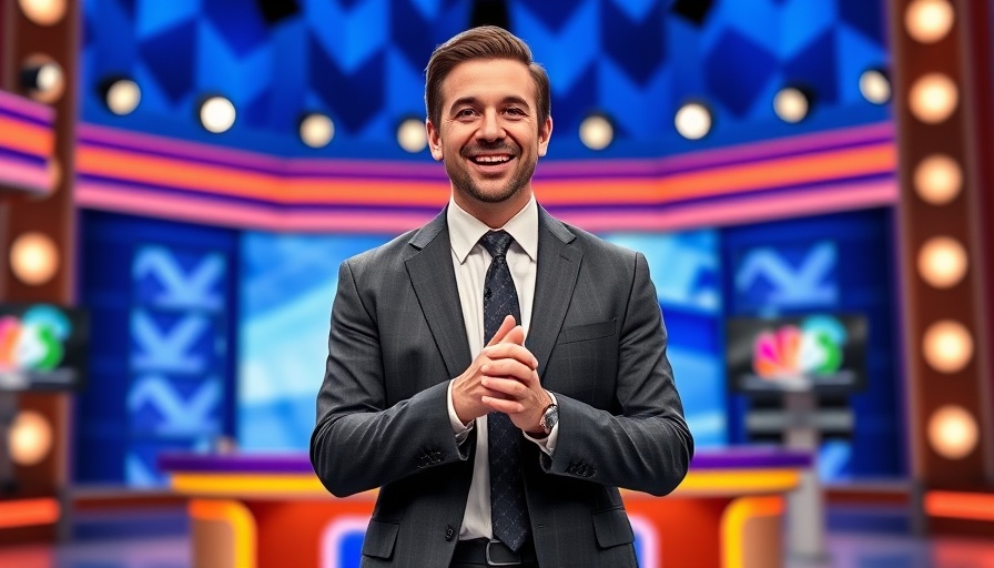 Game show host on set of Jeopardy! with point board, Jeopardy! Wheel of Fortune streaming.