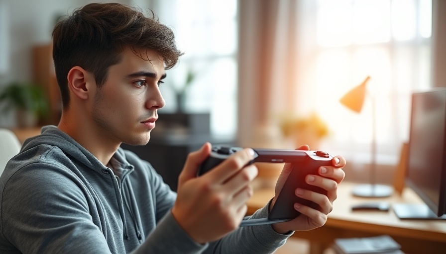 Young man with new tech gadget 2025 playing a game.